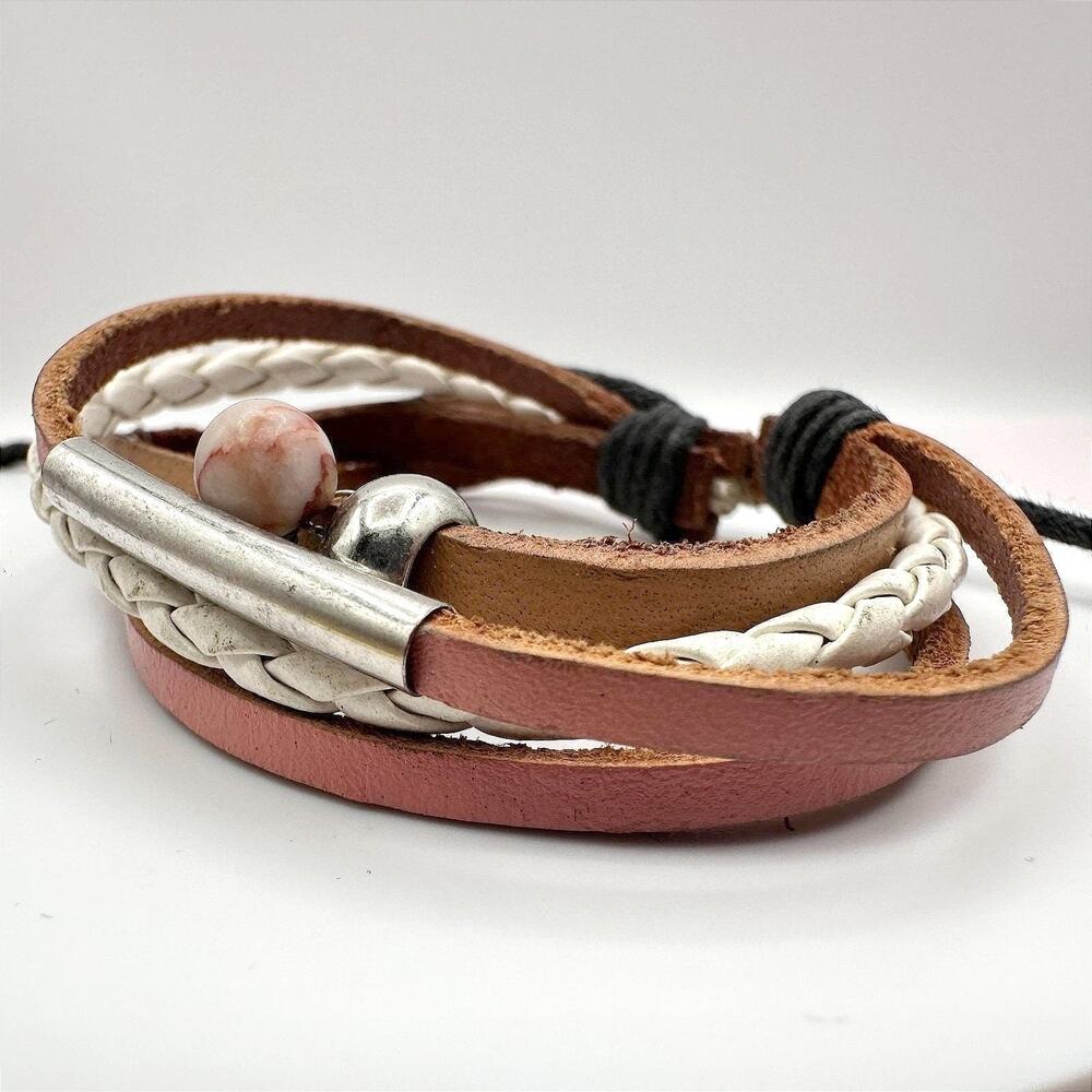 Vintage 80s Layer Braided Leather Bracelet Silver Tone Accent Charm Jewelry Y2K